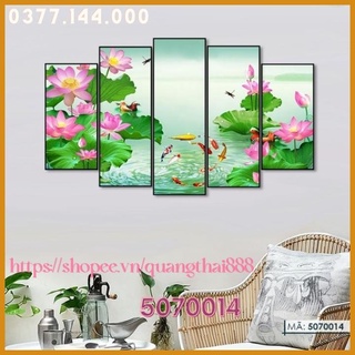 Bộ 5 Tấm Tranh treo tường Phong Thủy Hoa Sen Cá Chép Cửu Ngư Quần Hội Tụ phòng khách trang trí nhà cửa 5070014