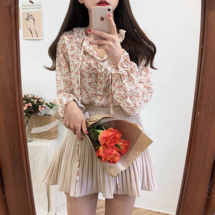 Áo sơ mi BH voan hoa dài tay dáng rộng xinh xắn theo phong cách mùa thu dành cho nữ