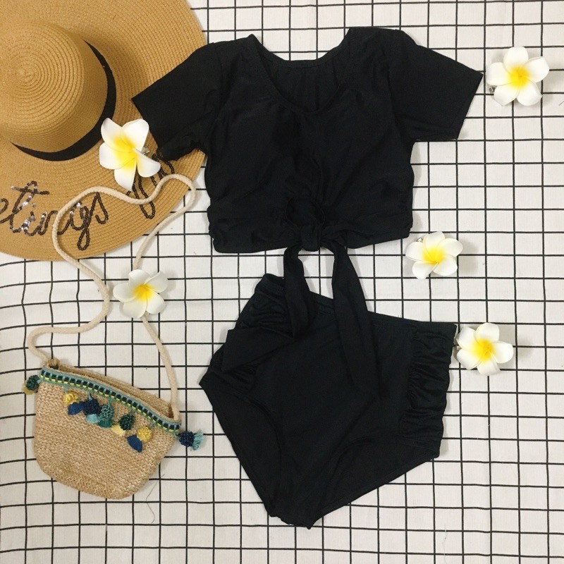 Bikini 2 mảnh áo tay ngắn cột nơ bụng kín đáo, chất liệu co dãn thoải mái