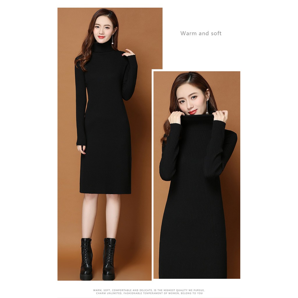 VÁY đầm LEN TĂM BODY CỔ LỌ, Chất dày đẹp, Có Big Size 90KG!