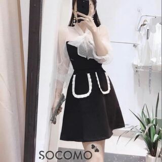 Đầm xòe tay lưới nơ cổ