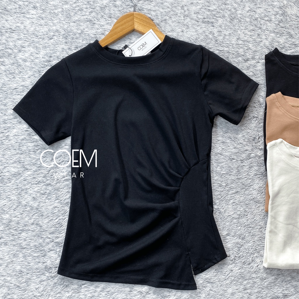 Áo phông ngắn tay nữ cổ tròn nhún eo xẻ tà cách điệu COEM WEAR CW9031
