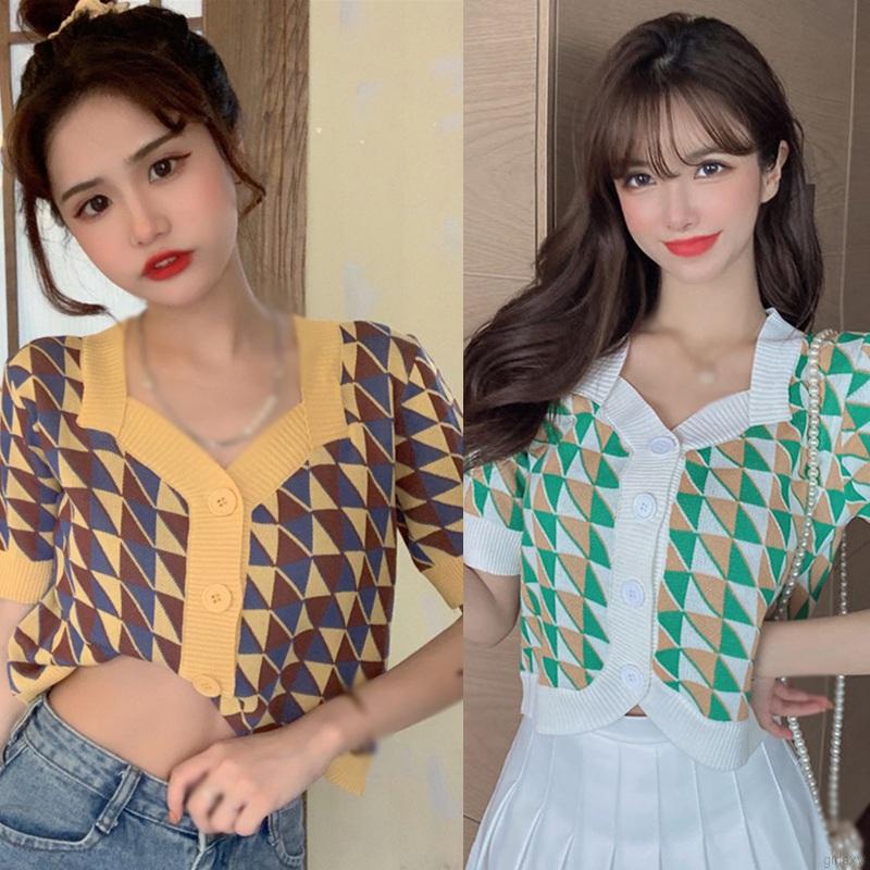 Áo Dệt Kim Tay Ngắn Cổ Vuông Họa Tiết Kẻ Sọc Phong Cách Hàn Quốc Thời Trang Cho Nữ