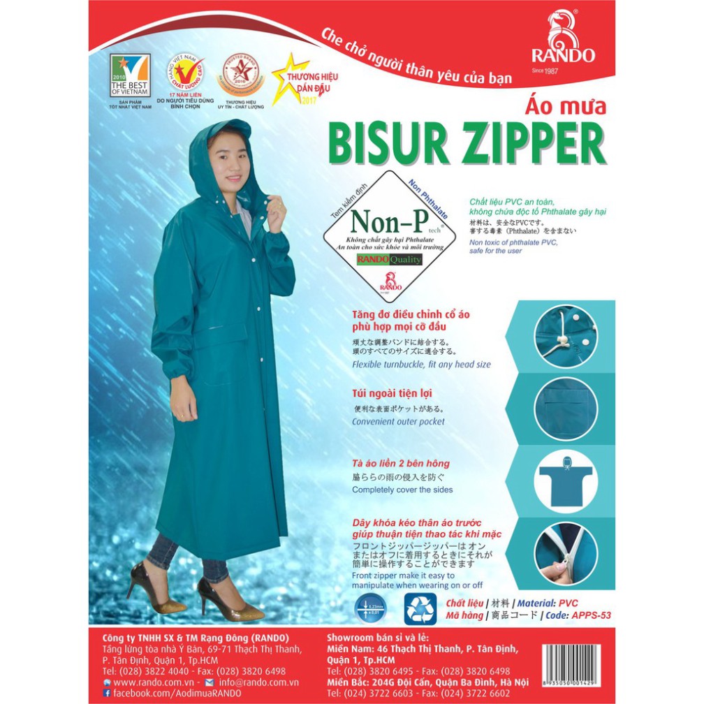 Áo mưa Rando Cao Cấp Chính Hãng, Áo Mưa nhựa PVC Cao Cấp Bít Sườn Dây Kéo(Không Xẻ Tà) Dành Cho Nam/Nữ (Bisur Zipper)
