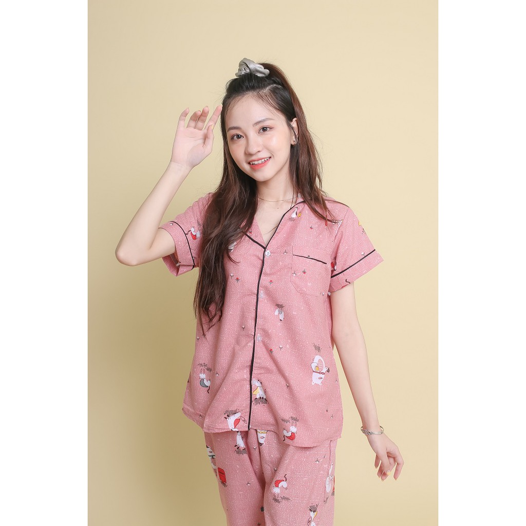 Bộ đồ ngủ Just Bra họa tiết cáo hồng, quần dài áo cộc LM116_B_QD_Cáo hồng