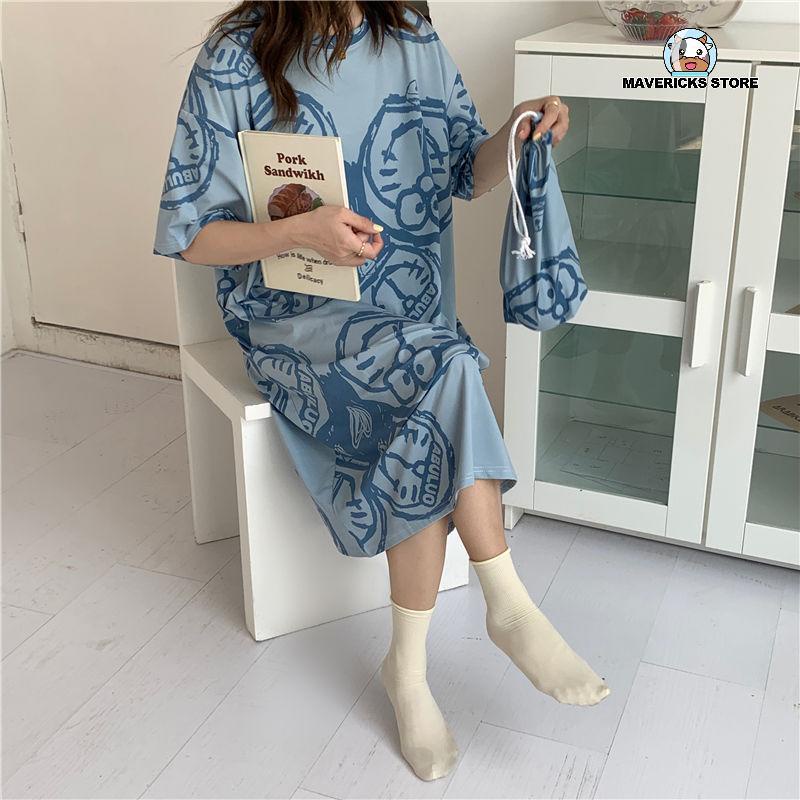Đầm ngủ tay ngắn dáng rộng in hình mèo dễ thương thời trang mùa hè cho nữ