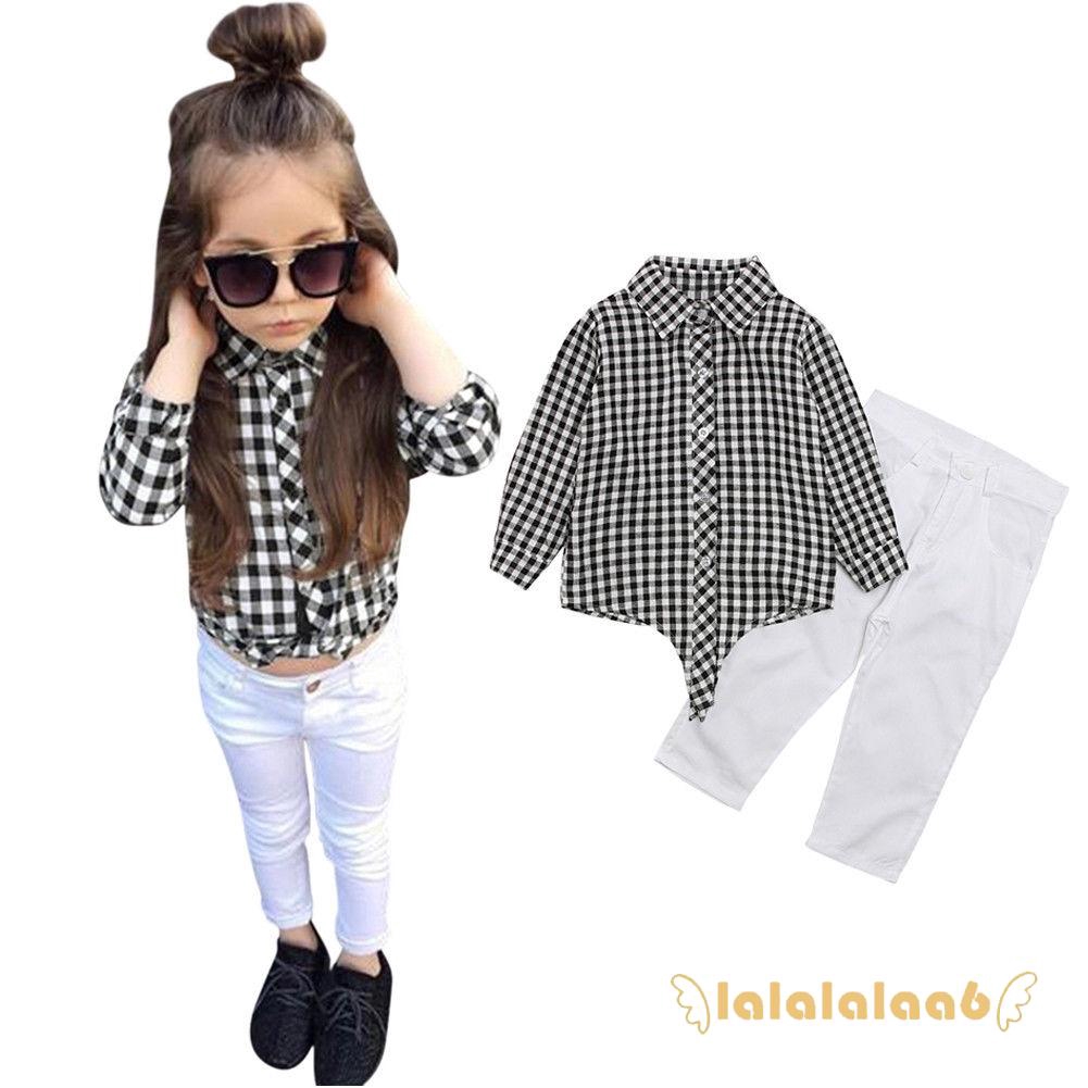 Set áo sơ mi tay dài kẻ caro + quần dài trắng thời trang cho bé gái
