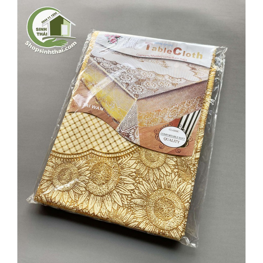 Tấm khăn trải bàn chữ nhật lớn 150cm x 225cm - ren hoa vàng bằng nhựa họa tiết nổi không thấm nước -hoa văn ngẫu nhiên