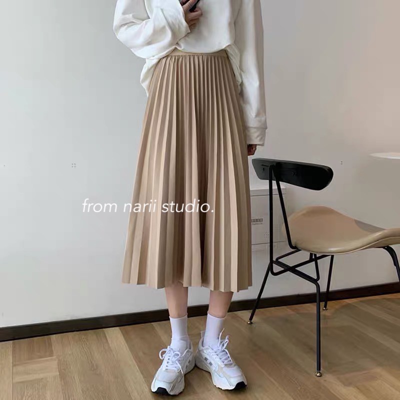 Chân váy dài Ulzzang NARII chân váy xếp ly phong cách Hàn Quốc màu be