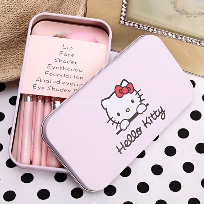 Bộ cọ trang điểm kitty hồng kèm hộp đựng màu hồng xinh xắn tiện lợi