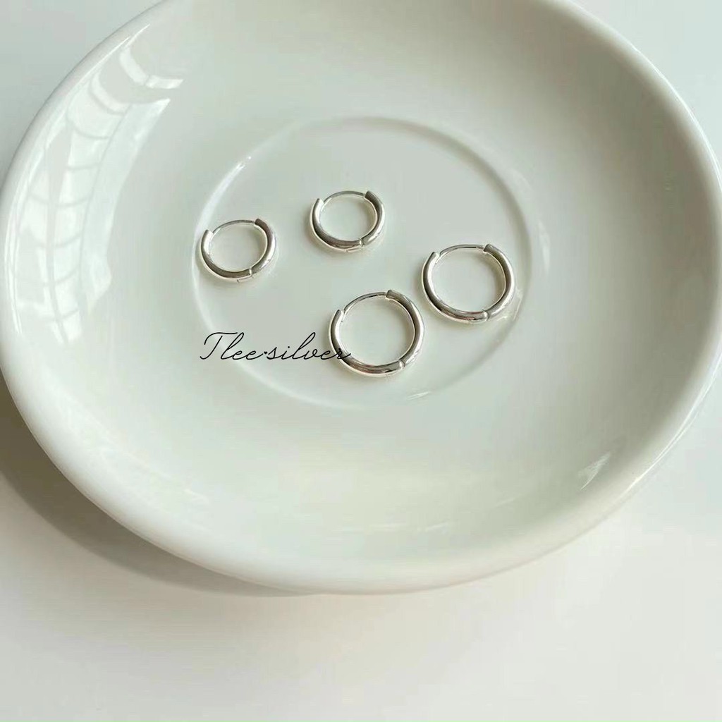Khuyên tai bạc TLEE tròn trơn bản dày chốt bấm chắc chắn size đường kính 10mm TleeJewelry B0335