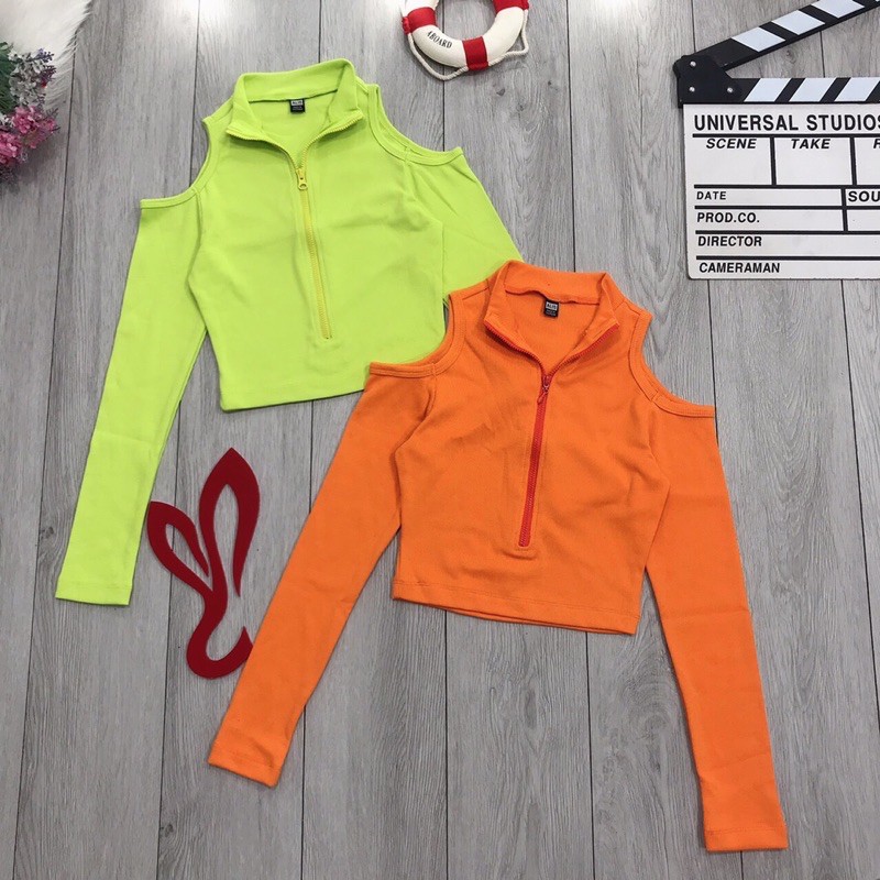 [Hình Thật] Áo Croptop Tay Dài Thời Trang Hàn Quốc Khoét Hai Bên Vai Dây Kéo Trước Ngực Gía Rẽ Chất Duyên Dáng Tuyệt Đẹp | BigBuy360 - bigbuy360.vn