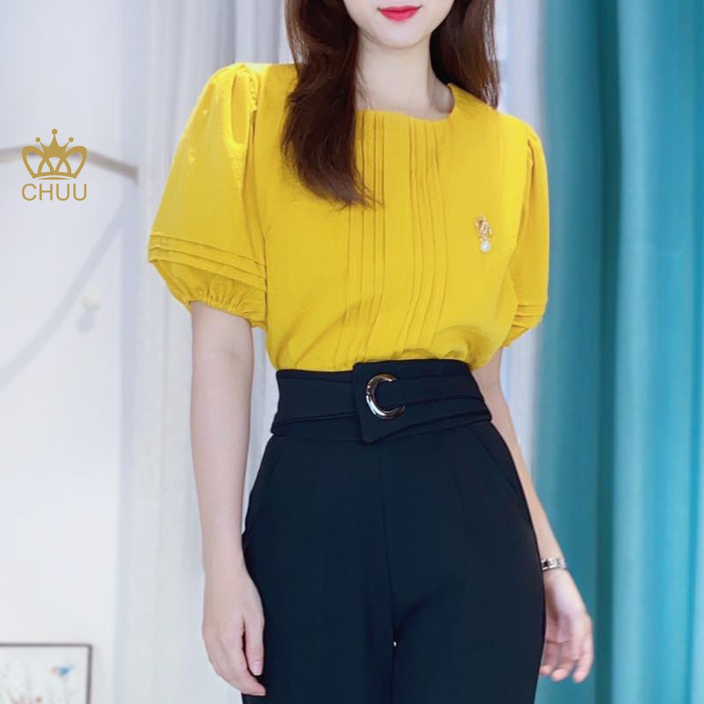 Áo kiểu công sở nữ tay phồng xếp li trước ngực tặng kèm cài áo CHUU A6965