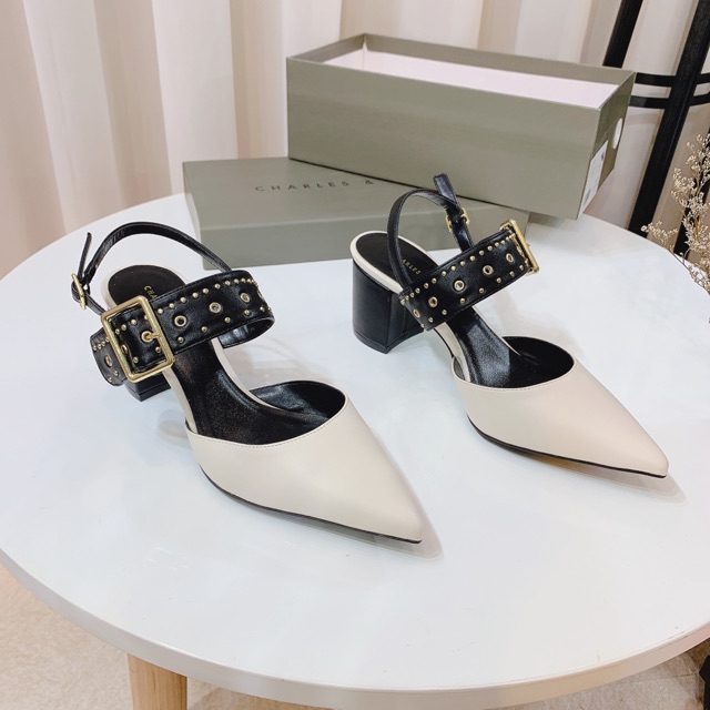Sandal cnk mũi nhọn quai bản to viền đinh gót trụ xuất dư fullbox