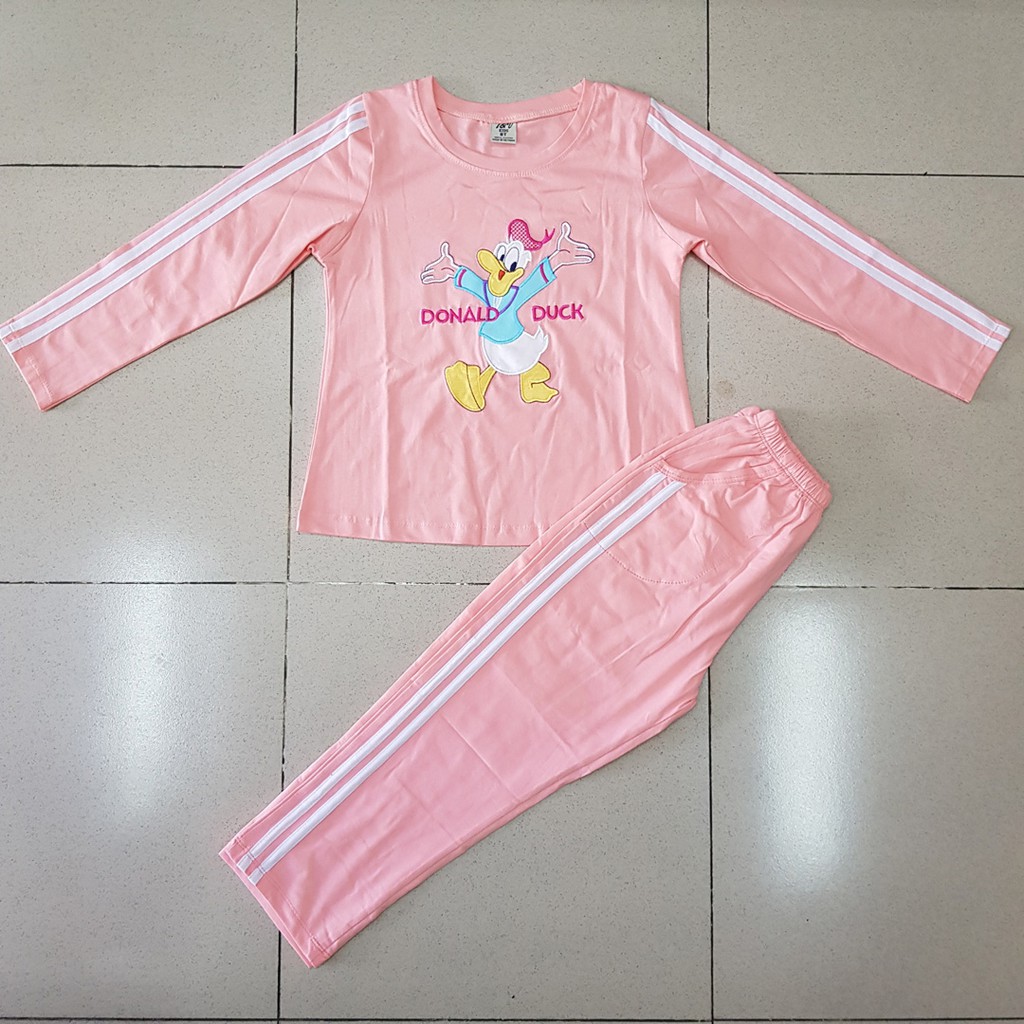 Bộ thun cotton tay dài thêu vịt donal cho bé gái đại