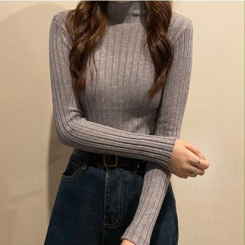 Áo Dệt Kim Cổ Lọ Tay Dài Dáng Ôm Họa Tiết Kẻ Sọc Thời Trang Mùa Đông Cho Nữ