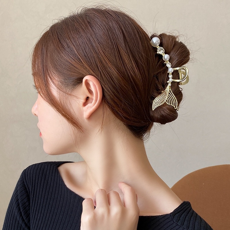 Kẹp tóc đuôi cá bằng kim loại Hàn Quốc cho nữ, kẹp tóc sau đầu đính đá đính ngọc