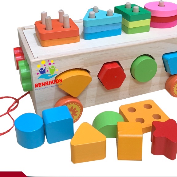 Đồ Chơi Xe Kéo Thả Hình Khối Nhiều Màu Sắc Giáo Cụ Montessori Luyện Trí Thông Minh Của Bé Yêu