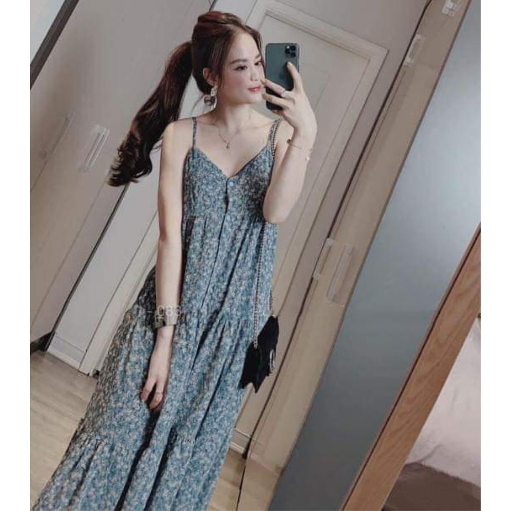 Đầm bầu hai dây M348 chất lụa hoa thời trang thiết kế Mom and Baby