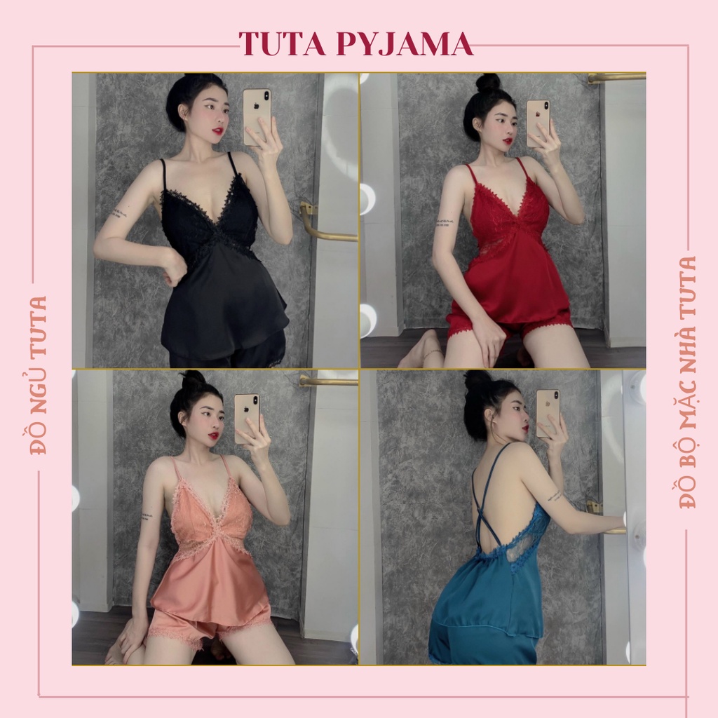 Bộ ngủ 2 dây phối ren gợi cảm TUTA đồ bộ mặc nhà sexy lưng đan chéo - dn010