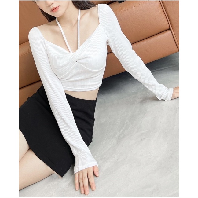 SET ÁO XOĂN NGỰC DÂY CỔ YẾM BẸT VAI + CHÂN VÁY ĐEN