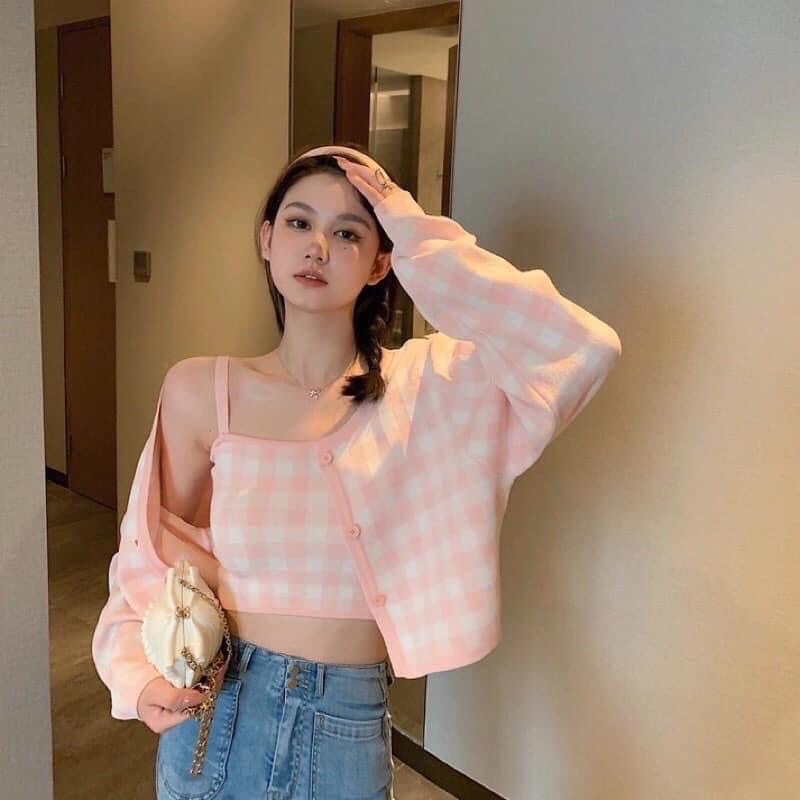 Set cardigan 2 món caro hồng trắng dài tay lady