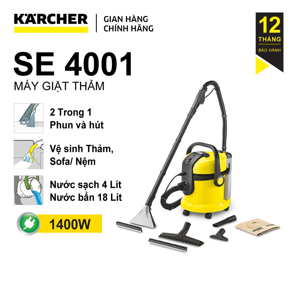 Máy làm sạch thảm (giặt thảm), ghế sofa và hút bụi đa năng Karcher SE 4001 công suất 1400w màu vàng