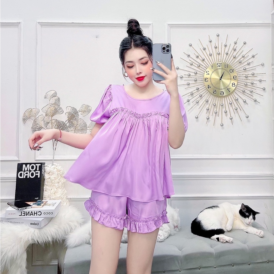 (Fressize shp 50k) Đồ Bộ  Nhistore Lua Latin  Áo Tay Phồng Viền Quần Ngắn Bèo Có Túi Freesize Dưới 57kg