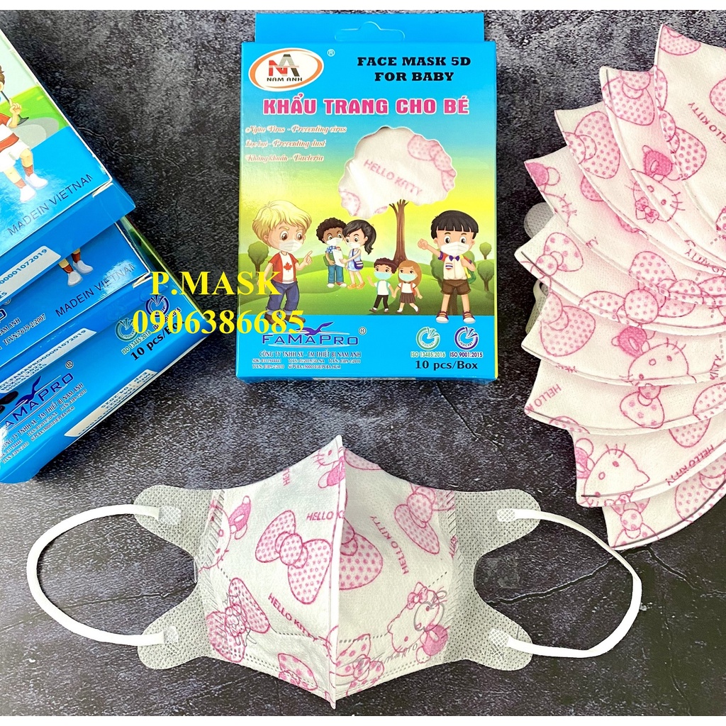 Khẩu Trang 5D KIDS FAMAPRO Hộp 10 cái IN HOẠ TIẾT kháng khuẩn dành cho bé Đoremon / Kitty / Gấu Trúc