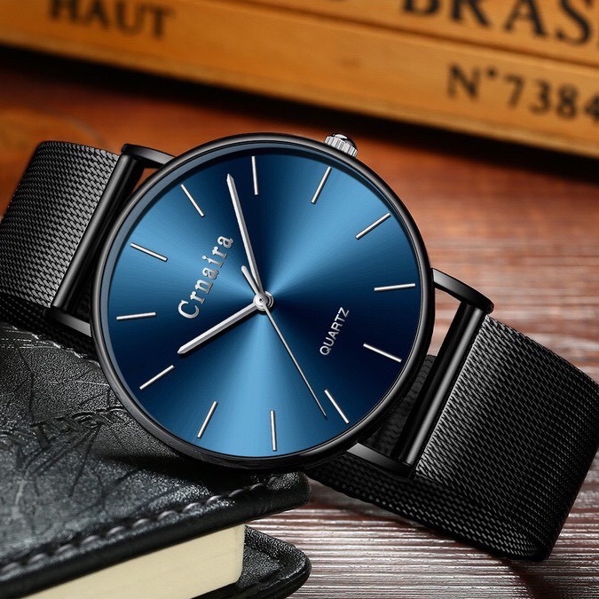 Đồng hồ nam CRNAIRA C1 chính hãng dây lưới thép nhuyễn mặt tròn có lịch xem ngày