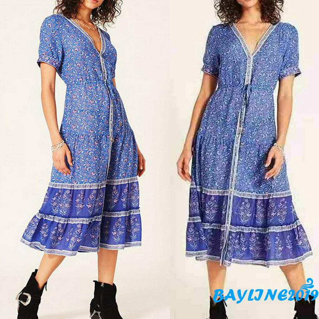 Đầm maxi dài không tay in hoa phong cách boho cho nữ