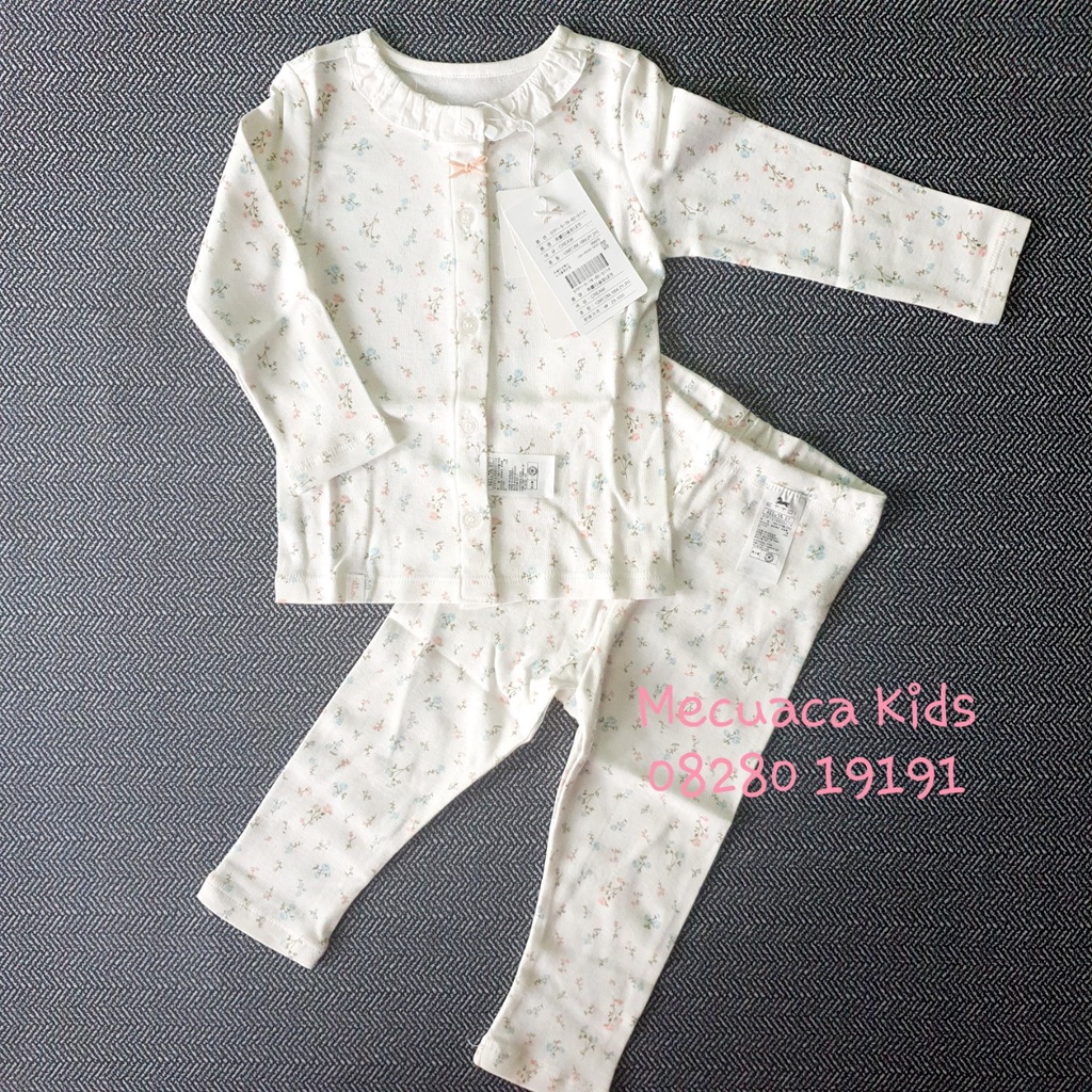 [80] Bộ ngủ cotton dài tay thu đông trắng hoa nhí cổ bèo cho bé gái xuất Hàn dư xịn