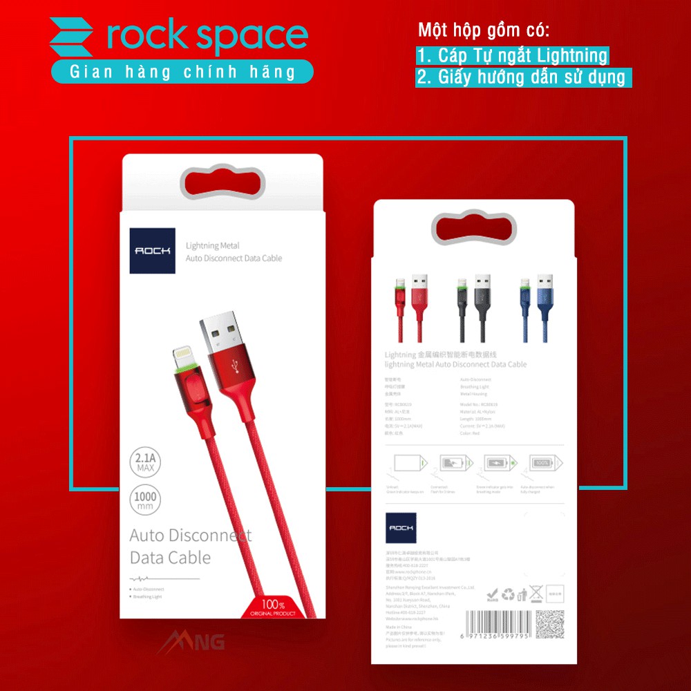 Dây cáp sạc tự ngắt khi pin đầy Rockspace lightning dành cho iphone, sạc nhanh, ổn định, chính hãng bảo hành 1 năm