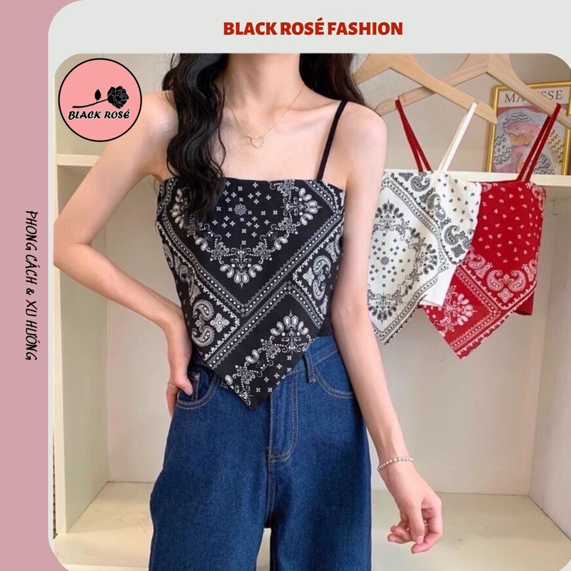 Áo 2 Dây Nữ Kiểu Yếm Croptop Thổ Cẩm Khăn Bandana Hai Màu Đen Trắng Chất Len Tăm - BR24 Black Rose