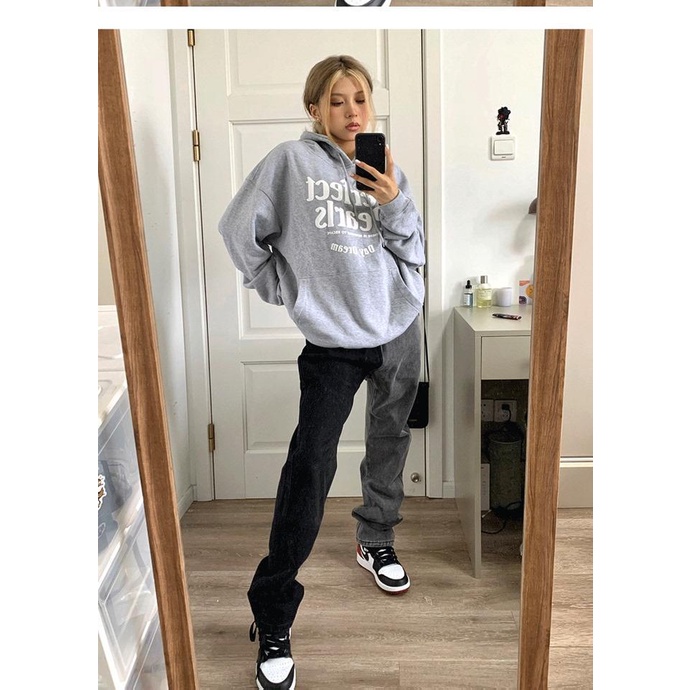 American Style European and American style fried street high waist straight loose slimming color matching smoky gray jeans women's autumn and winter trousers ins fashion ccHD