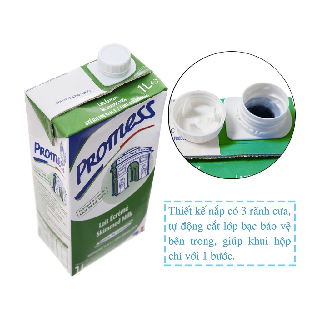 Thùng 6 hộp Sữa tươi không đường Promess 1 lít - Pháp: tách béo, nguyên kem, tăng canxi