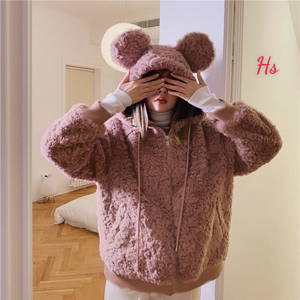 Áo khoác lông gấu tai xù đáng yêu, có 3 màu đen, trắng, hồng, có ảnh và video thật