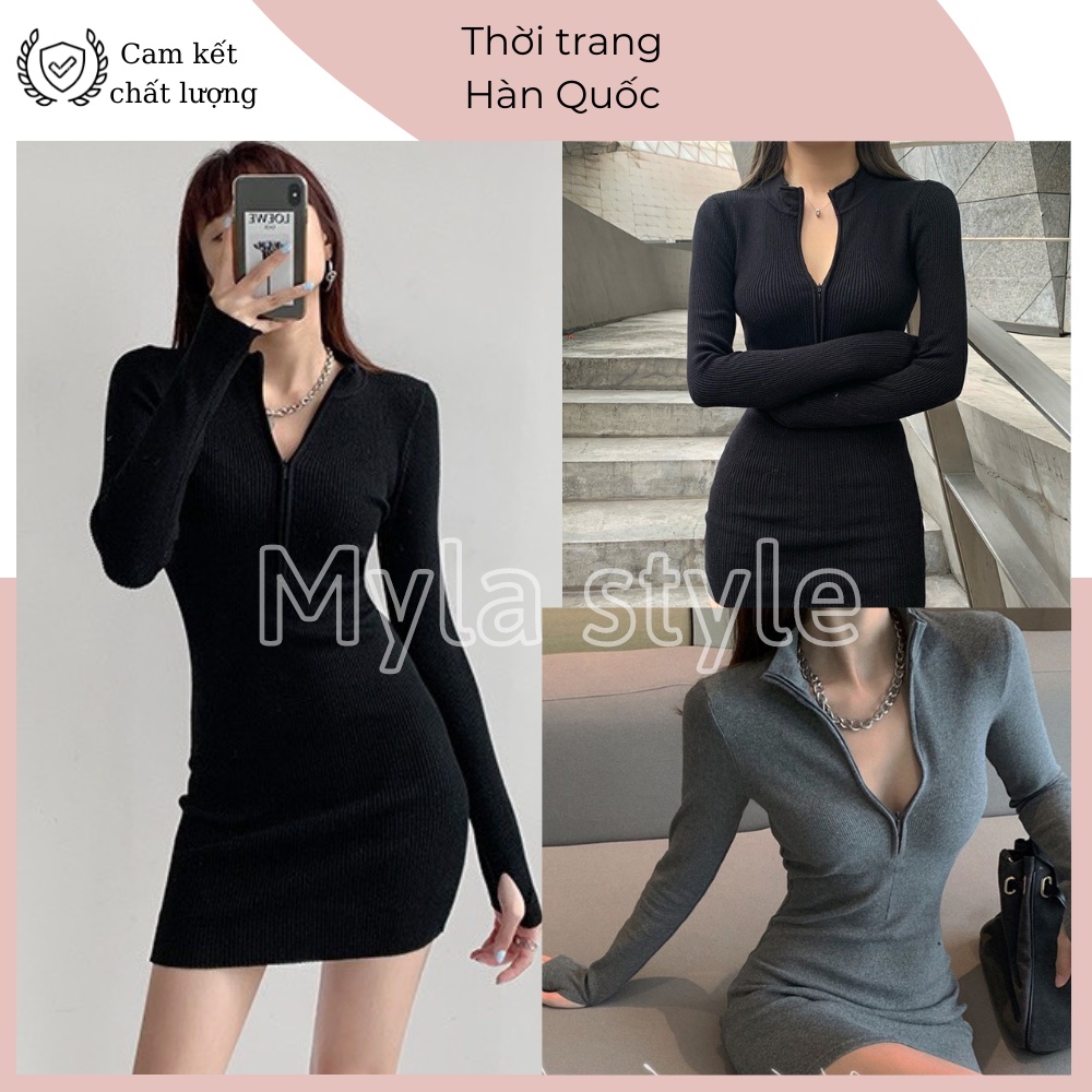 Đầm body , váy body phối khóa kéo , cổ v khóa giọt lệ ôm body tôn dáng phong cách sexy quyến rũ Myla Style