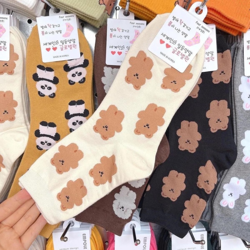 Vớ Cổ Trung Màu Trơn In Họa Tiết Hoạt Hình Thỏ / Gấu Trúc Phong Cách Nhật Bản Dễ Thương Cho Nữ