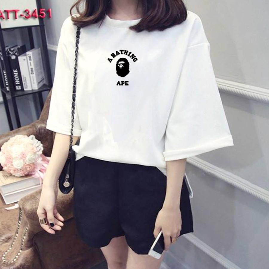 Áo thun nữ tay lỡ Hàn Quốc form rộng in hình A batthing ape vài dày mịn TEEWOTL45