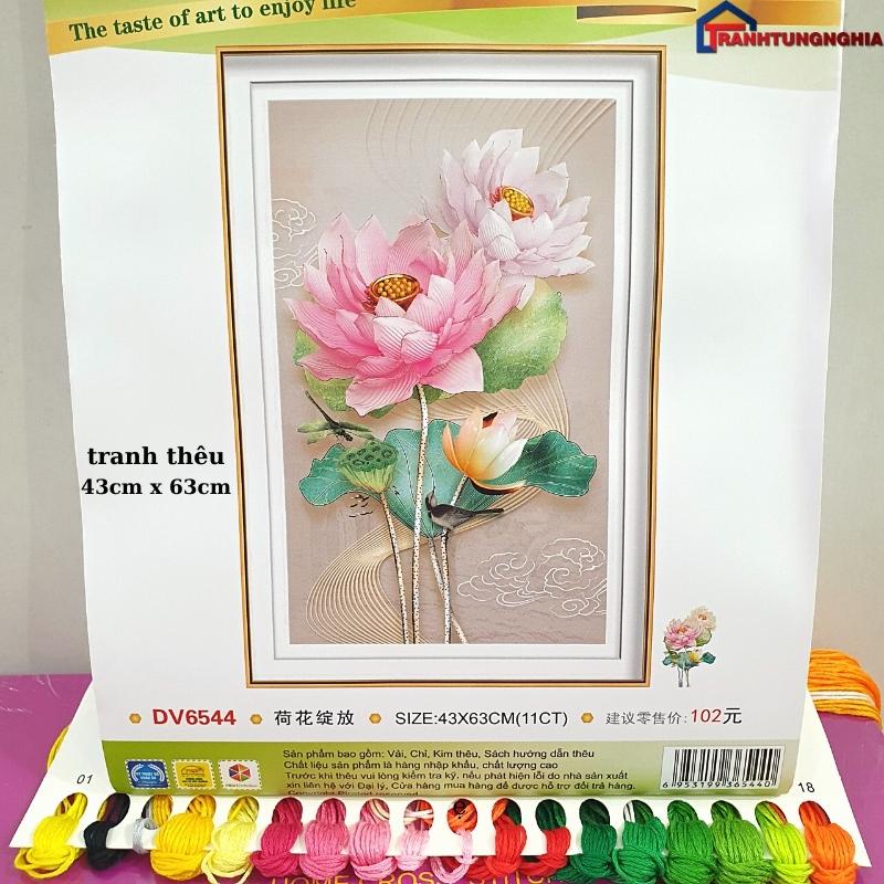 Tranh đính đá, tranh thêu chữ thập hoa sen