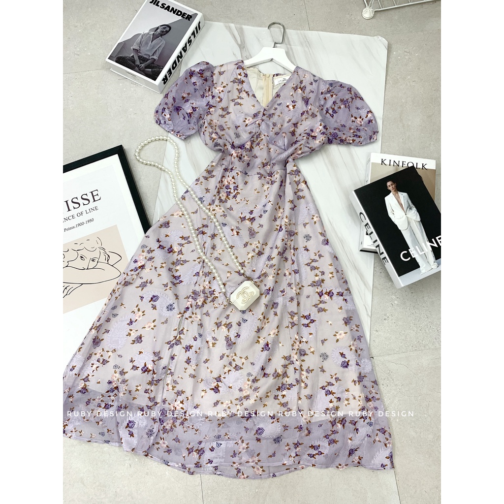 Váy hoa cổ chéo xẻ đùi sang chảnh