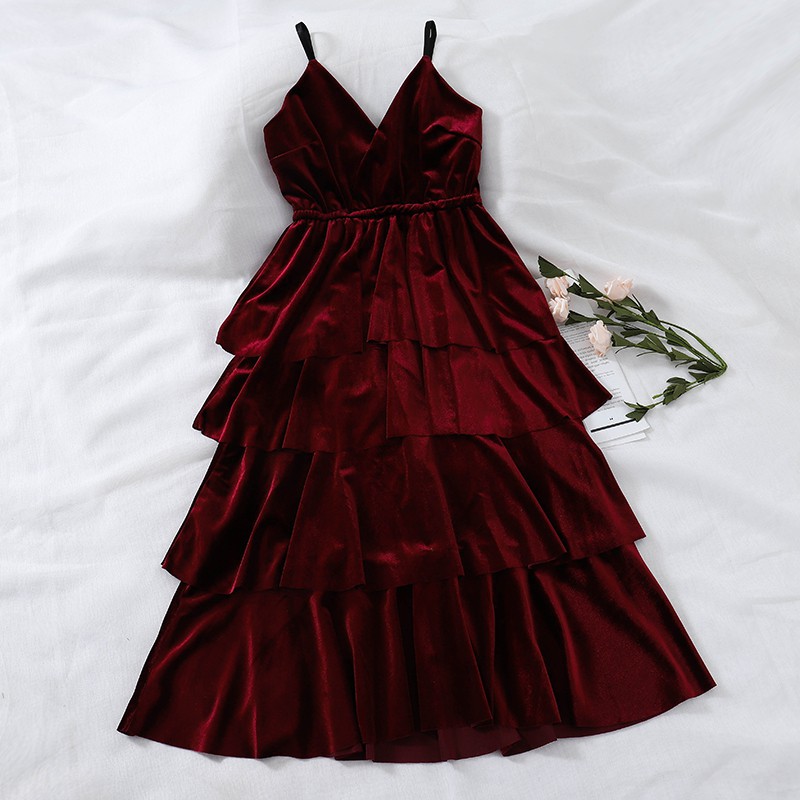 [ORDER] Váy 2 dây nhung dáng xòa xếp tầng - T1210