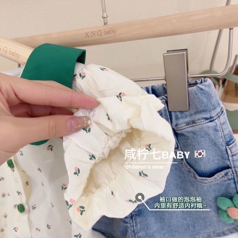 Set Đồ Mùa Hè 2 Món Gồm Áo Sơ Mi Và Quần Ngắn Denim Thời Trang Hàn Quốc Cho Bé Gái