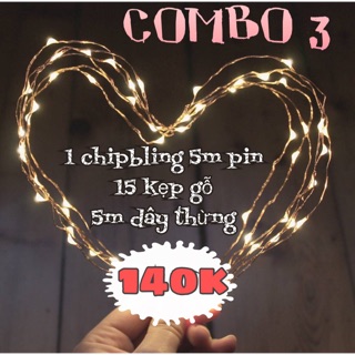 Combo đèn chipbling 5m pin+ 15 kẹp gỗ+ 5m dây thừng