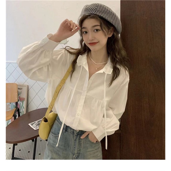 Áo Sơ Mi Tay Dài Dáng Rộng Màu Trơn Cột Dây Phong Cách Pháp Thời Trang Mới Cho Nữ