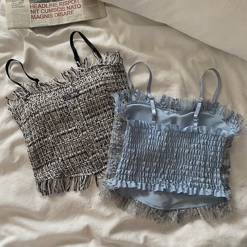 Áo Croptop Không Tay Có Mút Đệm Phối Tua Rua Thời Trang Hàn Quốc Cho Nữ