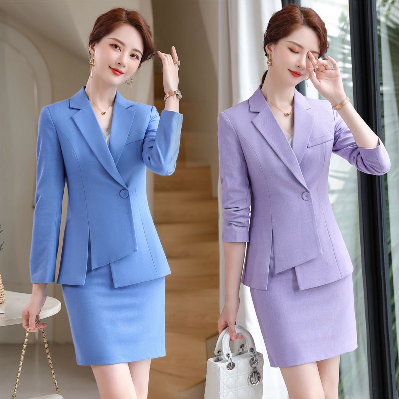 Bộ Áo Vest Tay Dài Dáng Ôm Phối Chân Váy Cỡ Lớn Màu Tím Thời Trang Công Sở Cho Nữ