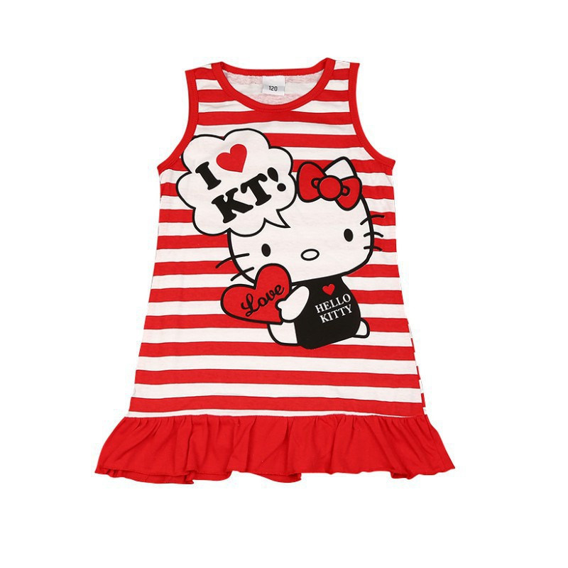 Đầm Thun Tay Ngắn In Hình Hello Kitty Đáng Yêu Cho Bé Gái