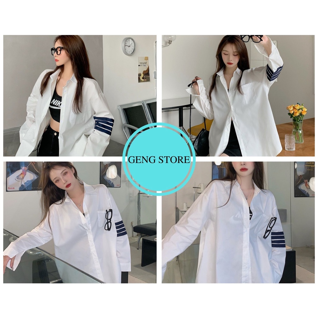 Áo Sơ Mi Trắng Nữ Dáng Trùm Mông 3 Sọc Style Cao Cấp, Áo Somi Nữ Dài Tay Dáng Rộng